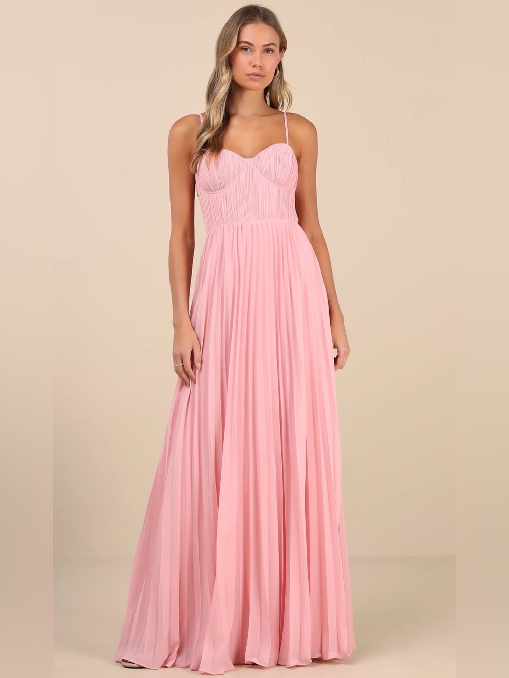 NWT Lulu’s Admirable Elegance Light Pink Pleated Bustier Maxi Dress Large